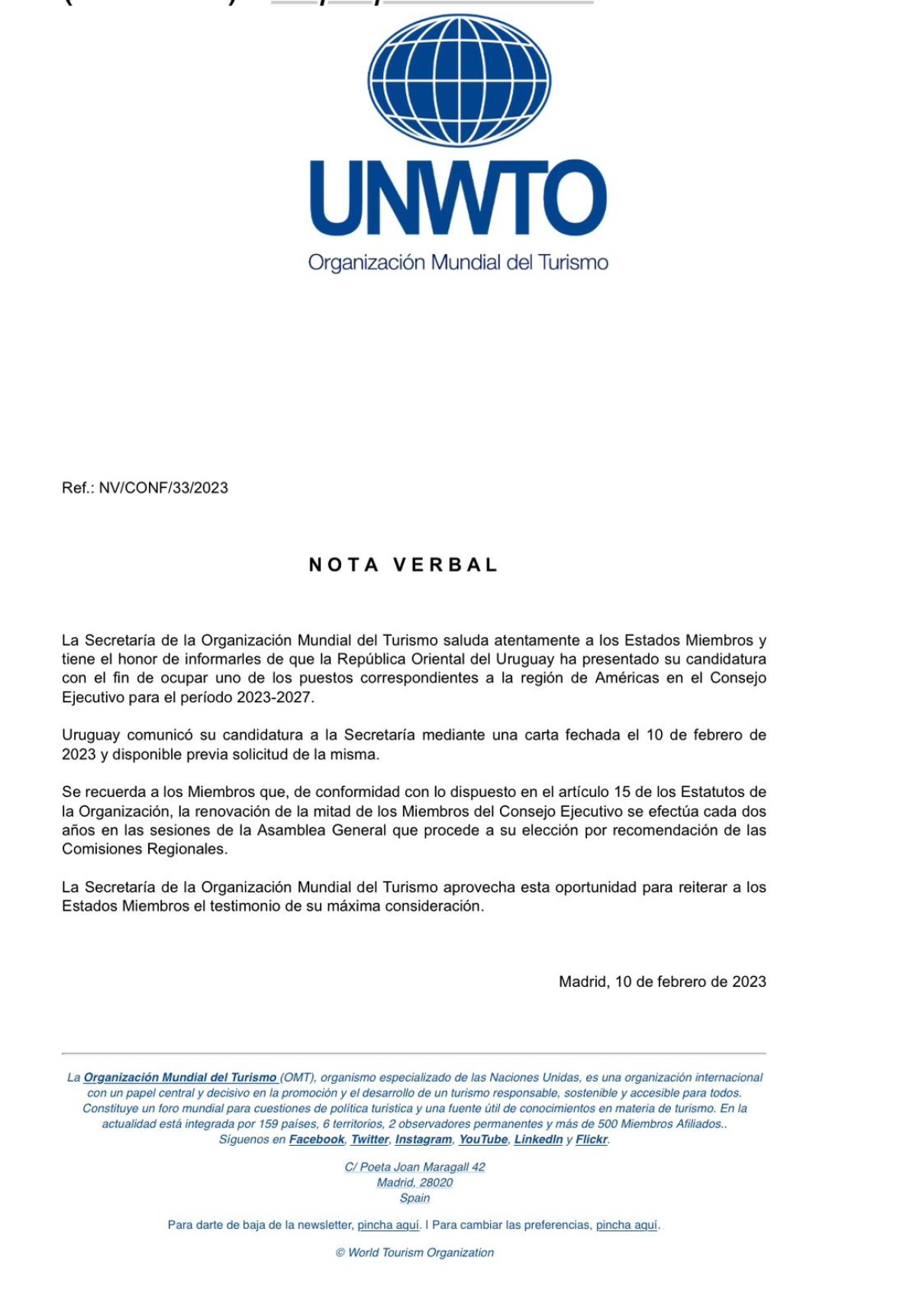 Uruguay candidato a ocupar un puesto en el Consejo Ejecutivo de la OMT